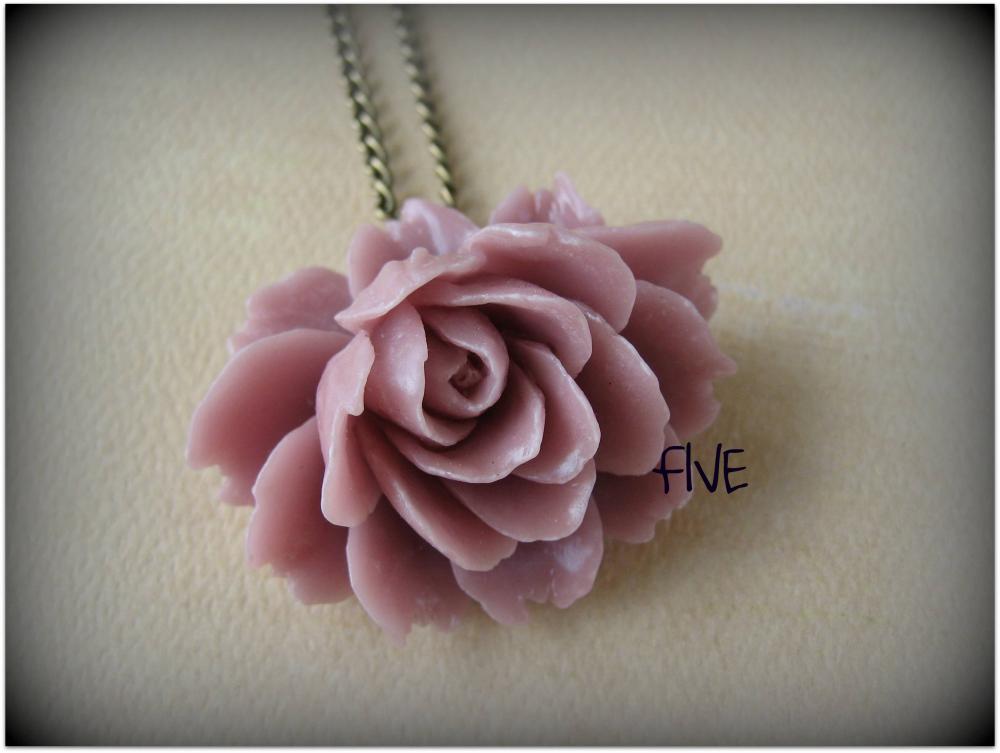 Mauve Ruffle Rose Cabochon Pendant on Antique Brass Chain Necklace - Jewelry by FIVE