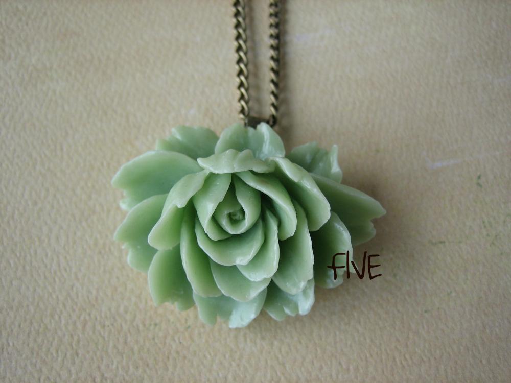  Seafoam Green Ruffle Rose Cabochon Pendant on Antique Brass Chain Necklace - Jewelry by FIVE