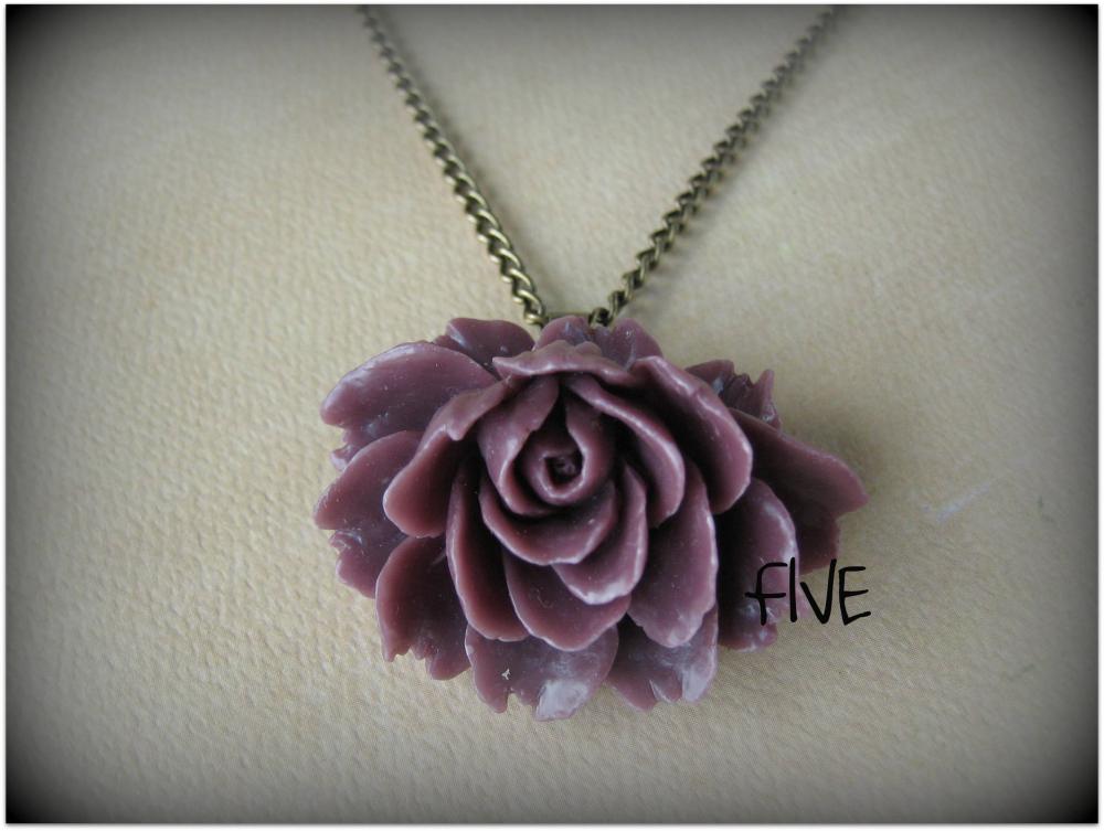 Plum Ruffle Rose Cabochon Pendant on Antique Brass Chain Necklace - Jewelry by FIVE