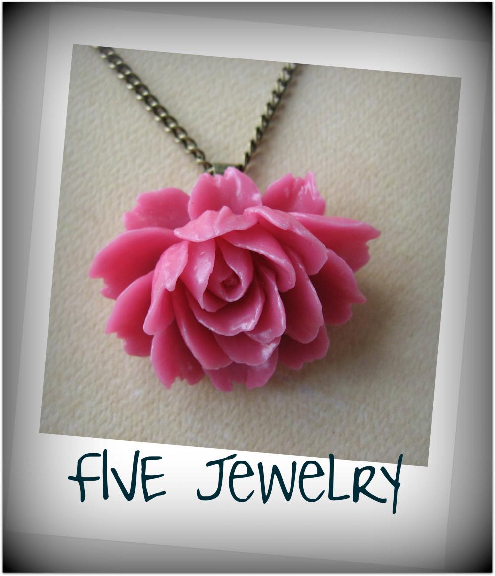 oneysuckle Pink Ruffle Rose Cabochon Pendant on Antique Brass Chain Necklace - Jewelry by FIVE