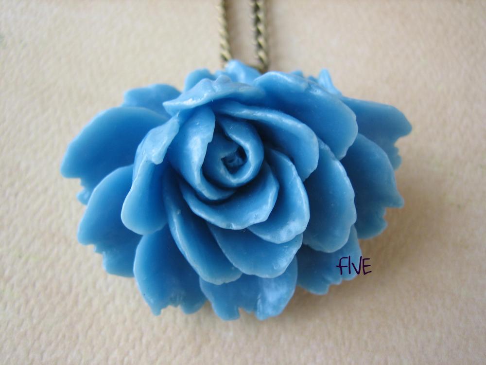 Blue Ruffle Rose Cabochon Pendant on Antique Brass Chain Necklace - Jewelry by FIVE