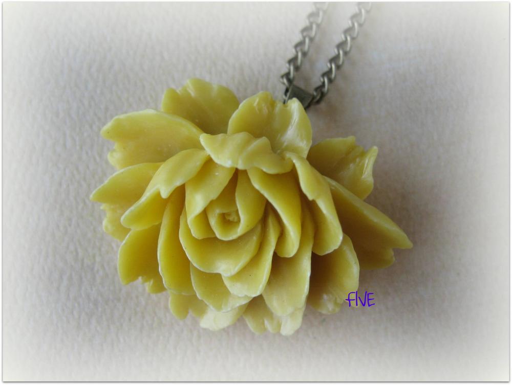 Yellow Ruffle Rose Cabochon Pendant on Antique Brass Chain Necklace - Jewelry by FIVE