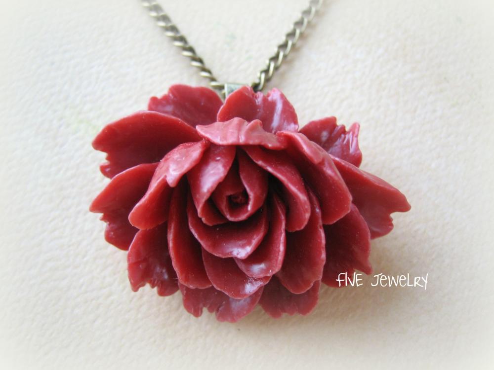 Red Ruffle Rose Cabochon Pendant on Antique Brass Chain Necklace - Jewelry by FIVE