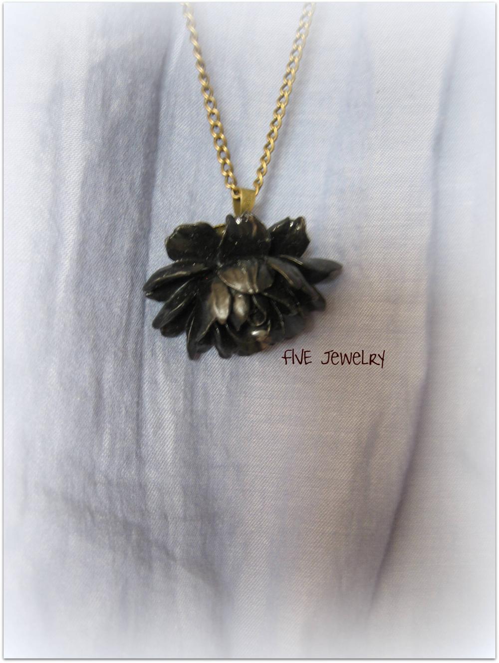 Black Ruffle Rose Cabochon Pendant on Antique Brass Chain Necklace - Jewelry by FIVE