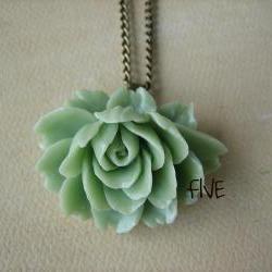  Seafoam Green Ruffle Rose Cabochon Pendant on Antique Brass Chain Necklace - Jewelry by FIVE