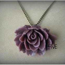 Plum Ruffle Rose Cabochon Pendant on Antique Brass Chain Necklace - Jewelry by FIVE