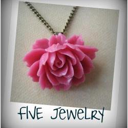 oneysuckle Pink Ruffle Rose Cabochon Pendant on Antique Brass Chain Necklace - Jewelry by FIVE