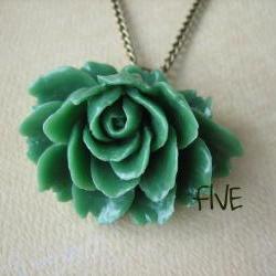 Green Ruffle Rose Cabochon Pendant on Antique Brass Chain Necklace - Jewelry by FIVE