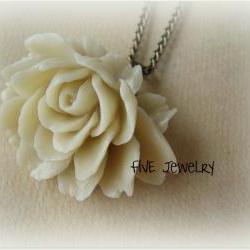 Ivory Ruffle Rose Cabochon Pendant on Antique Brass Chain Necklace - Jewelry by FIVE