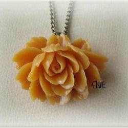 Butterscotch Ruffle Rose Cabochon Pendant on Antique Brass Chain Necklace - Jewelry by FIVE