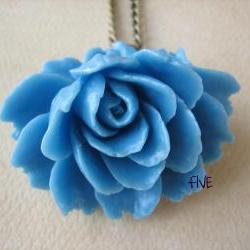 Blue Ruffle Rose Cabochon Pendant on Antique Brass Chain Necklace - Jewelry by FIVE