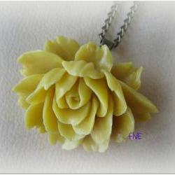 Yellow Ruffle Rose Cabochon Pendant on Antique Brass Chain Necklace - Jewelry by FIVE