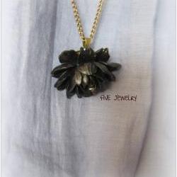 Black Ruffle Rose Cabochon Pendant on Antique Brass Chain Necklace - Jewelry by FIVE